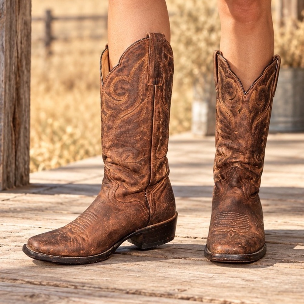 JB Dillon Goat Leather Cowboy Boots Women's 7 B Brown Western Cowgirl Boho
